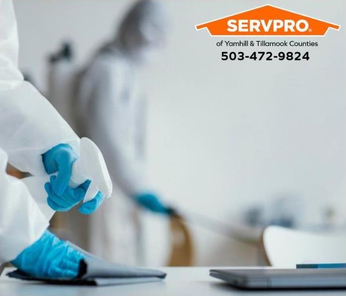A workplace compromised by a biohazard is being professionally cleaned and decontaminated.